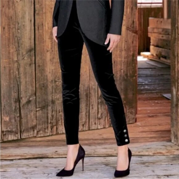 Peruvian Connection Toreador Velveteen Button Hem Skinny Pants Button 14 Black - Picture 1 of 15